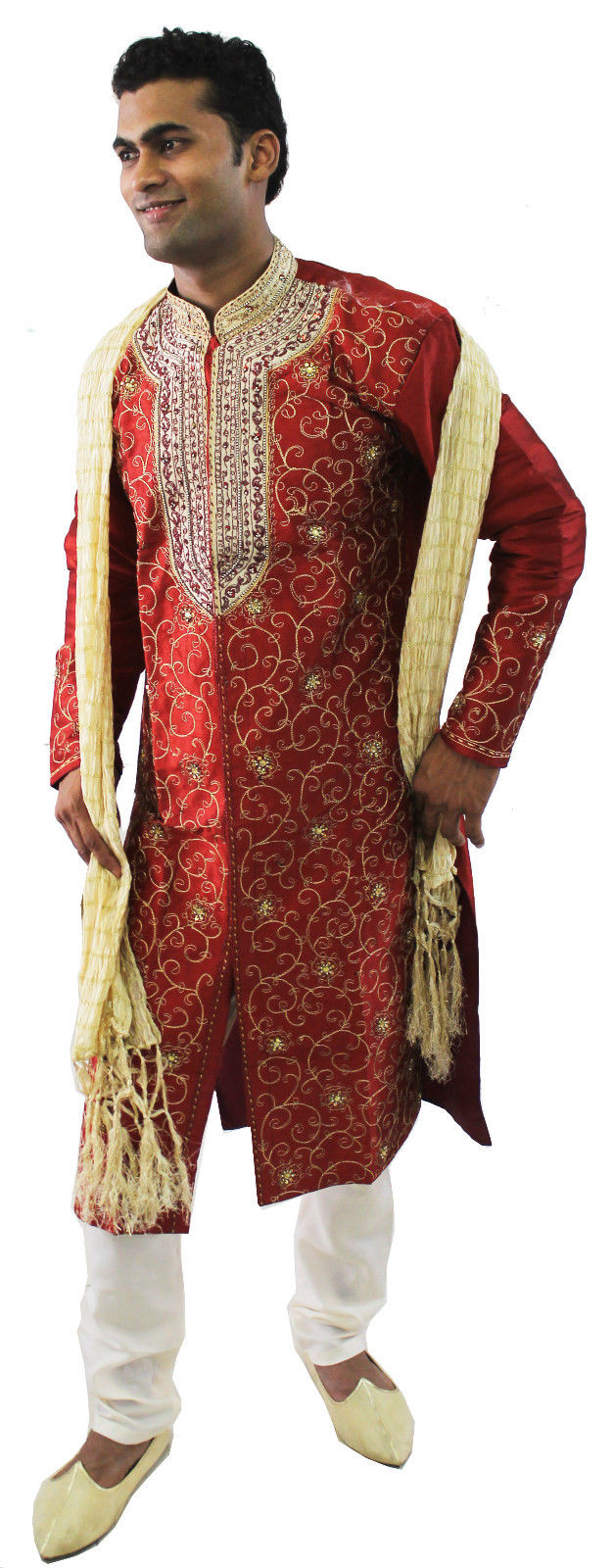 Men’s Red and Gold Embroidered Sherwani Set with Cream Pajama & Dupatta – Indian Wedding & Festive Wear | Plus Sizes up to 8XL
