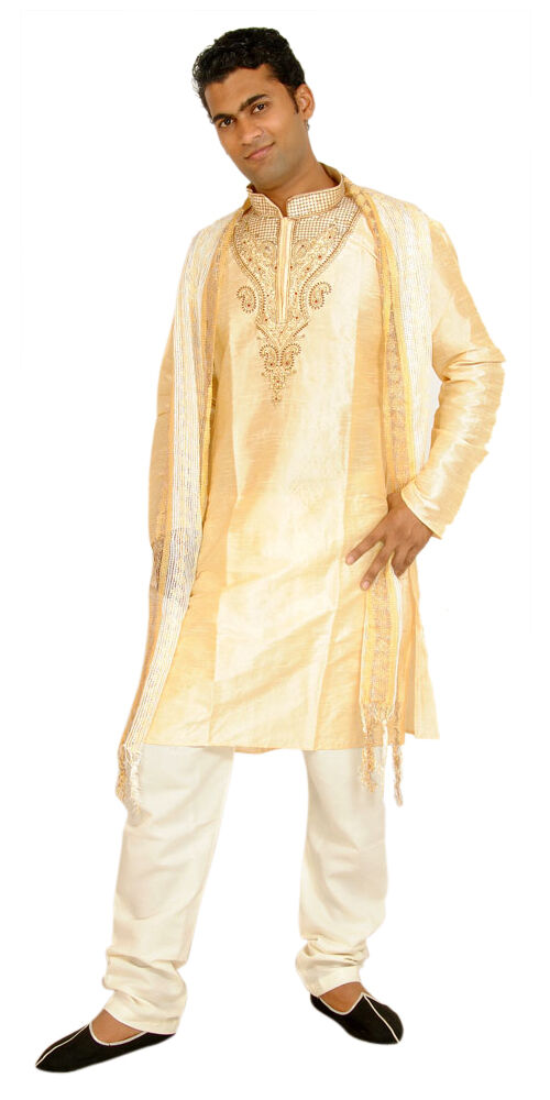 Men’s Golden Silk Kurta Pajama Set with Embroidered Dupatta – Wedding & Festive Wear
