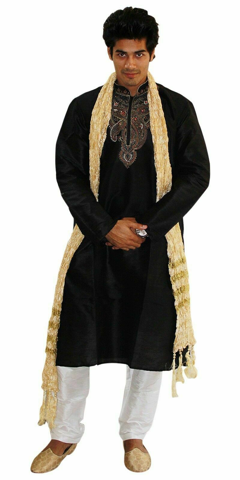 Designer Black Silk Men Kurta Pajama Wedding  Sherwani  Sizes up to 7XL