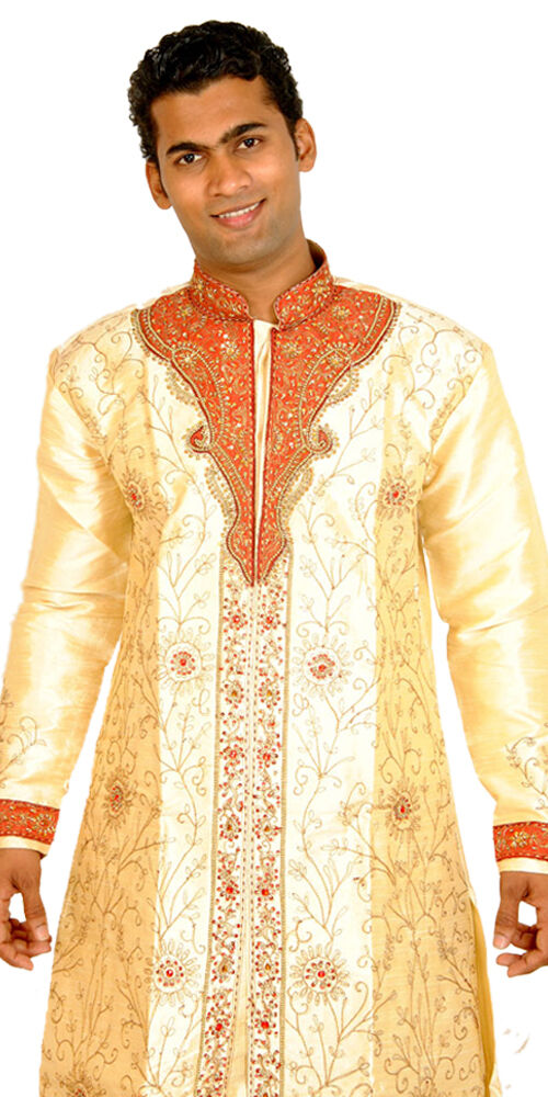 Men's gold sherwani complete set with cream churidar pajama and dupatta – plus sizes up to 8XL