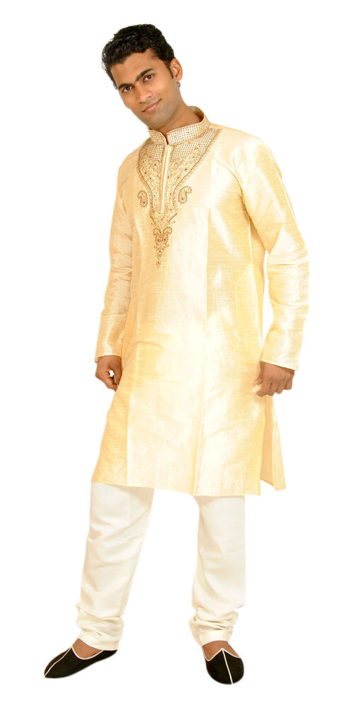 Men’s Golden Silk Kurta Pajama Set with Embroidered Dupatta – Wedding & Festive Wear