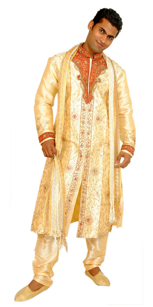 Gold sherwani with red embroidery detail – men's Indian wedding festive wear plus sizes