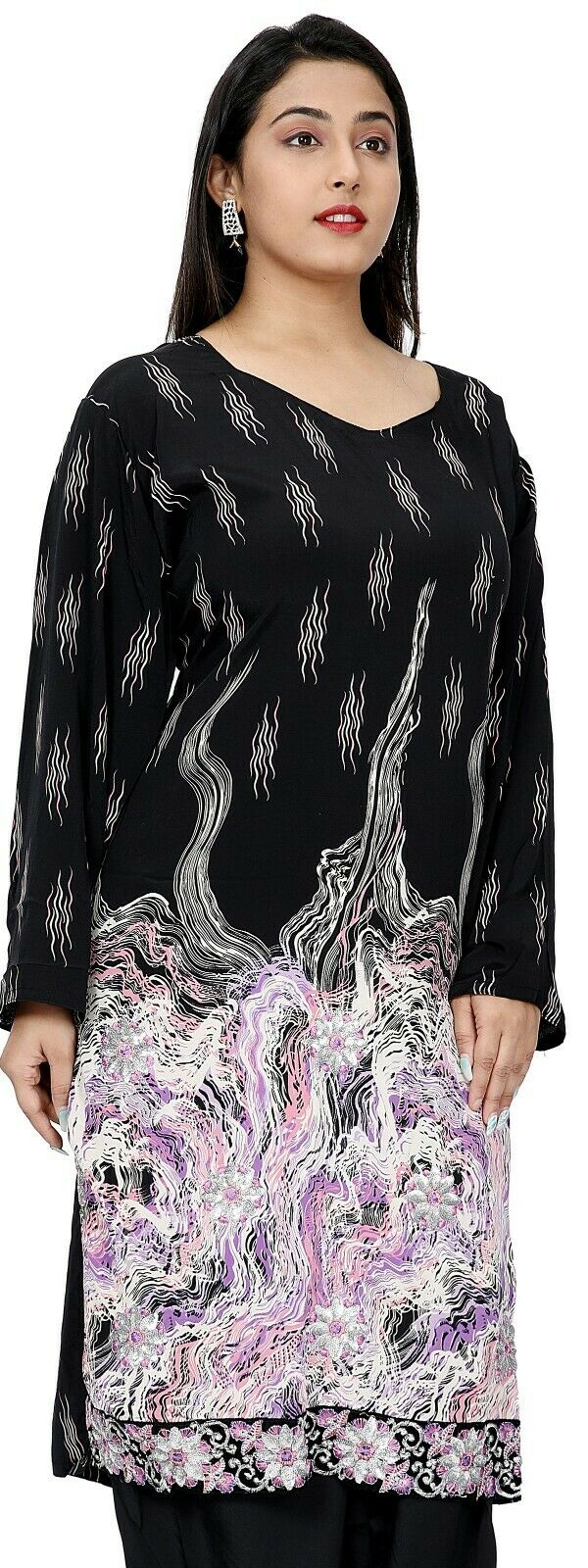 Elegant Black & Lilac Abstract Printed Crepe Salwar Kameez (Size 50)