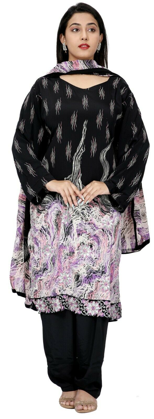 Elegant Black & Lilac Abstract Printed Crepe Salwar Kameez (Size 50)