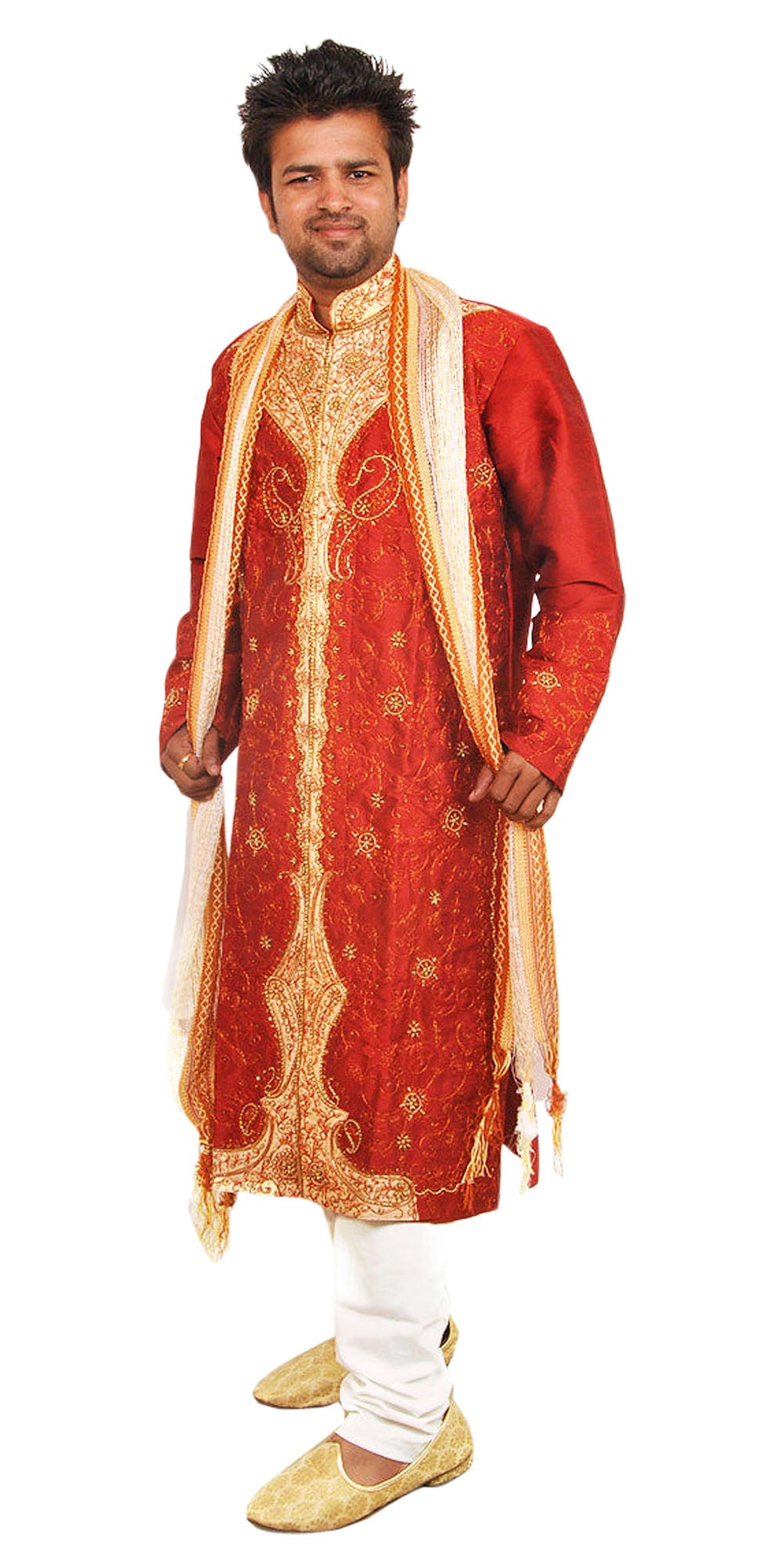Men’s Red and Gold Embroidered Sherwani Set with Cream Dupatta & Pajama – Indian Wedding & Party Wear | Plus Sizes up to 8XL