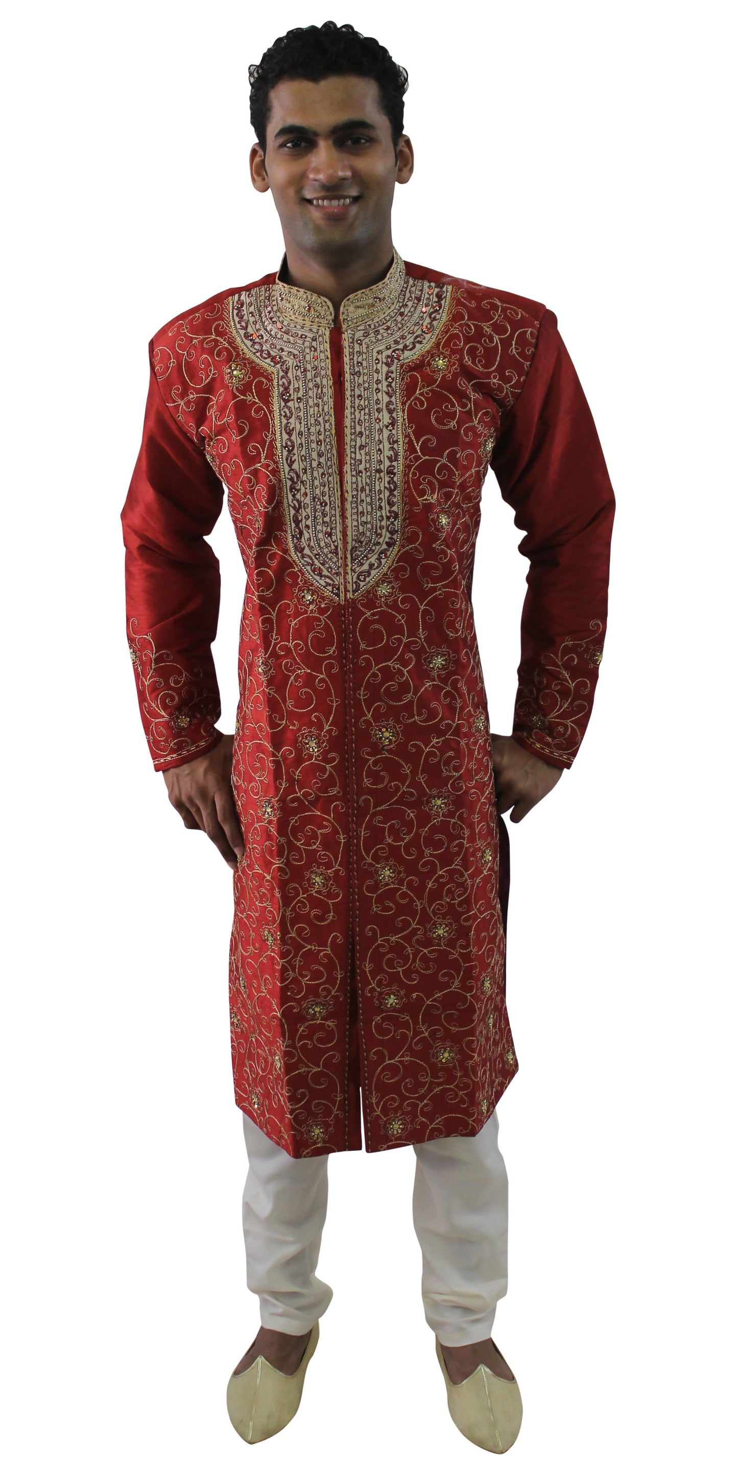 Men’s Red and Gold Embroidered Sherwani Set with Cream Pajama & Dupatta – Indian Wedding & Festive Wear | Plus Sizes up to 8XL