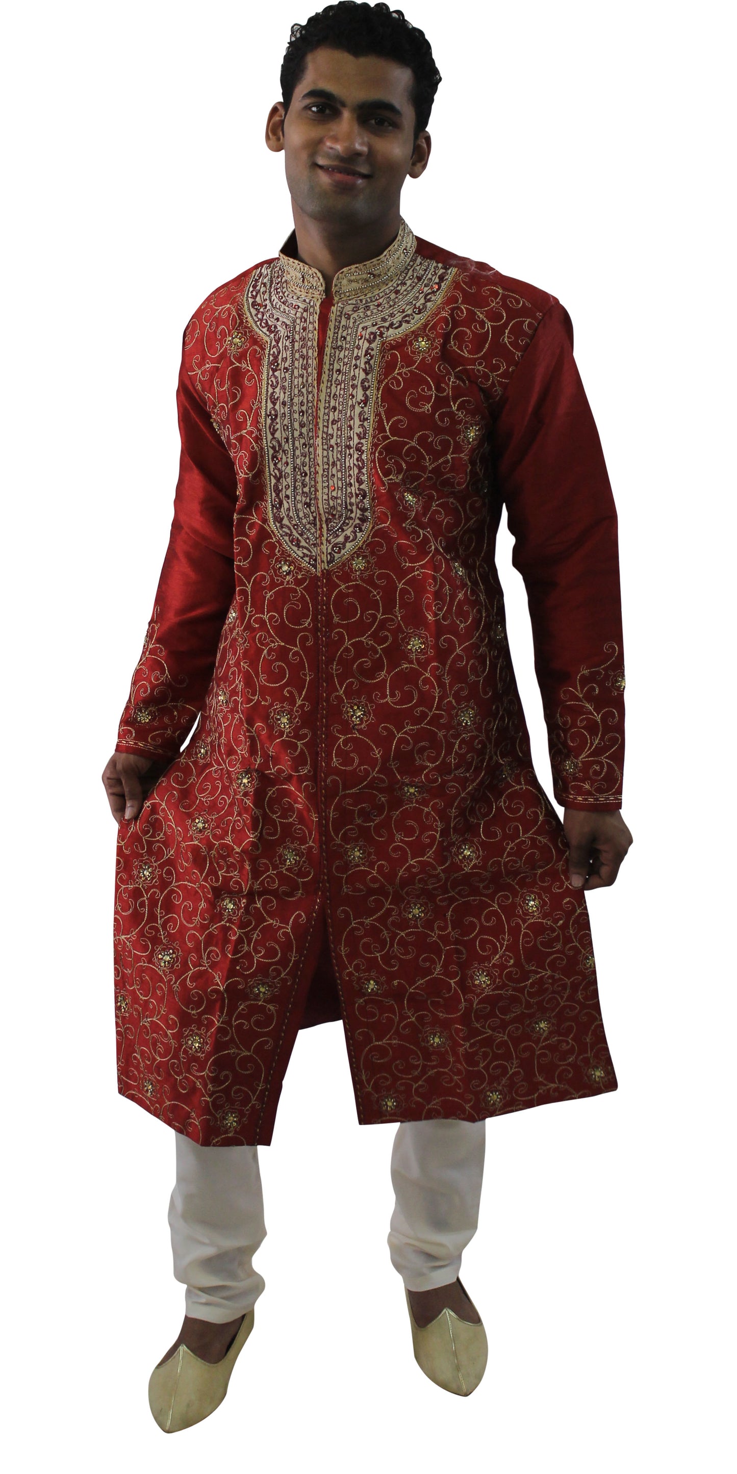 Men’s Red and Gold Embroidered Sherwani Set with Cream Pajama & Dupatta – Indian Wedding & Festive Wear | Plus Sizes up to 8XL