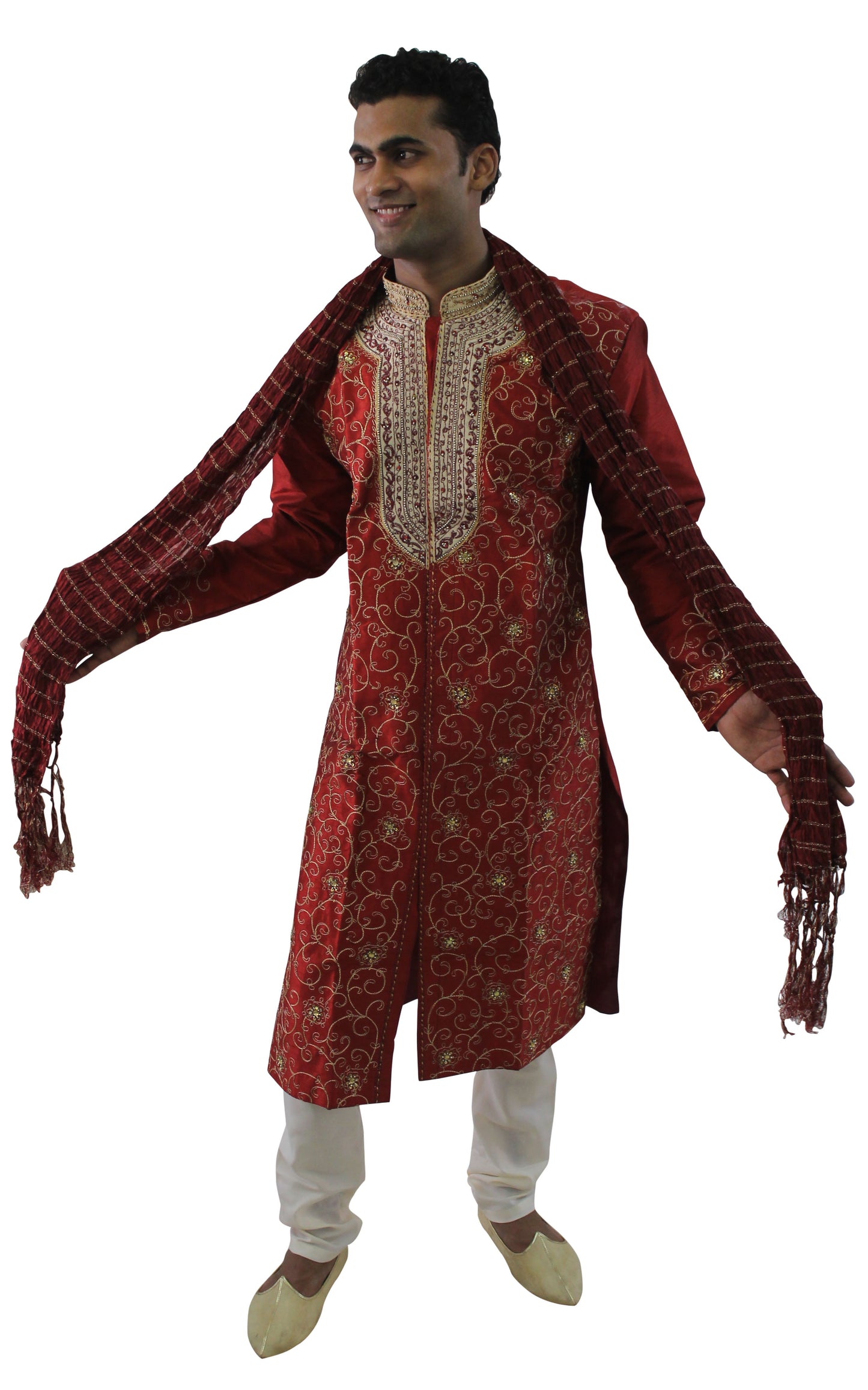 Men’s Red and Gold Embroidered Sherwani Set with Cream Pajama & Dupatta – Indian Wedding & Festive Wear | Plus Sizes up to 8XL