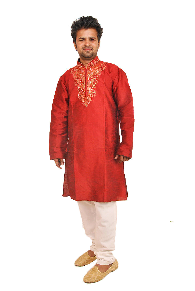 Men’s Red Embroidered Kurta Pajama Set with Cream Dupatta – Wedding & Festive Wear