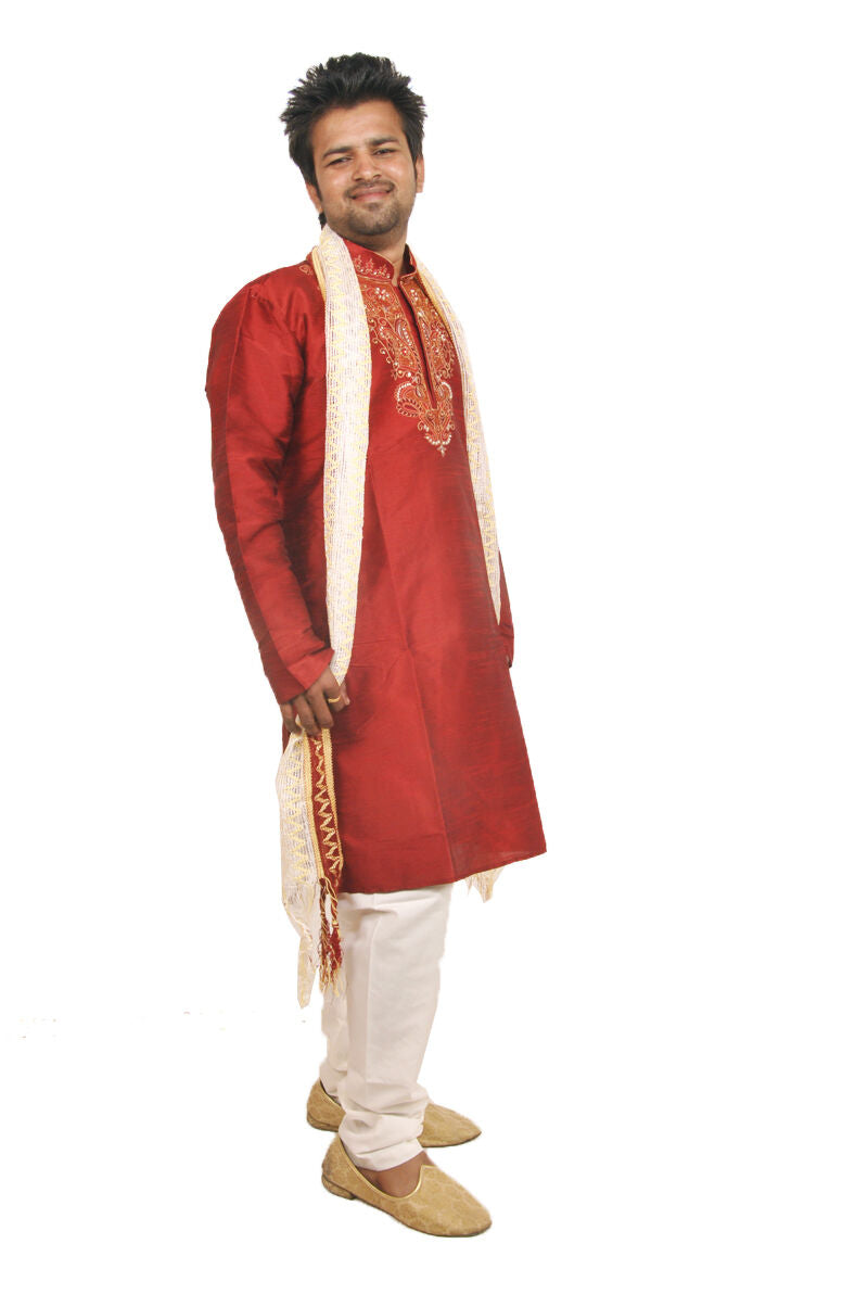Men’s Red Embroidered Kurta Pajama Set with Cream Dupatta – Wedding & Festive Wear