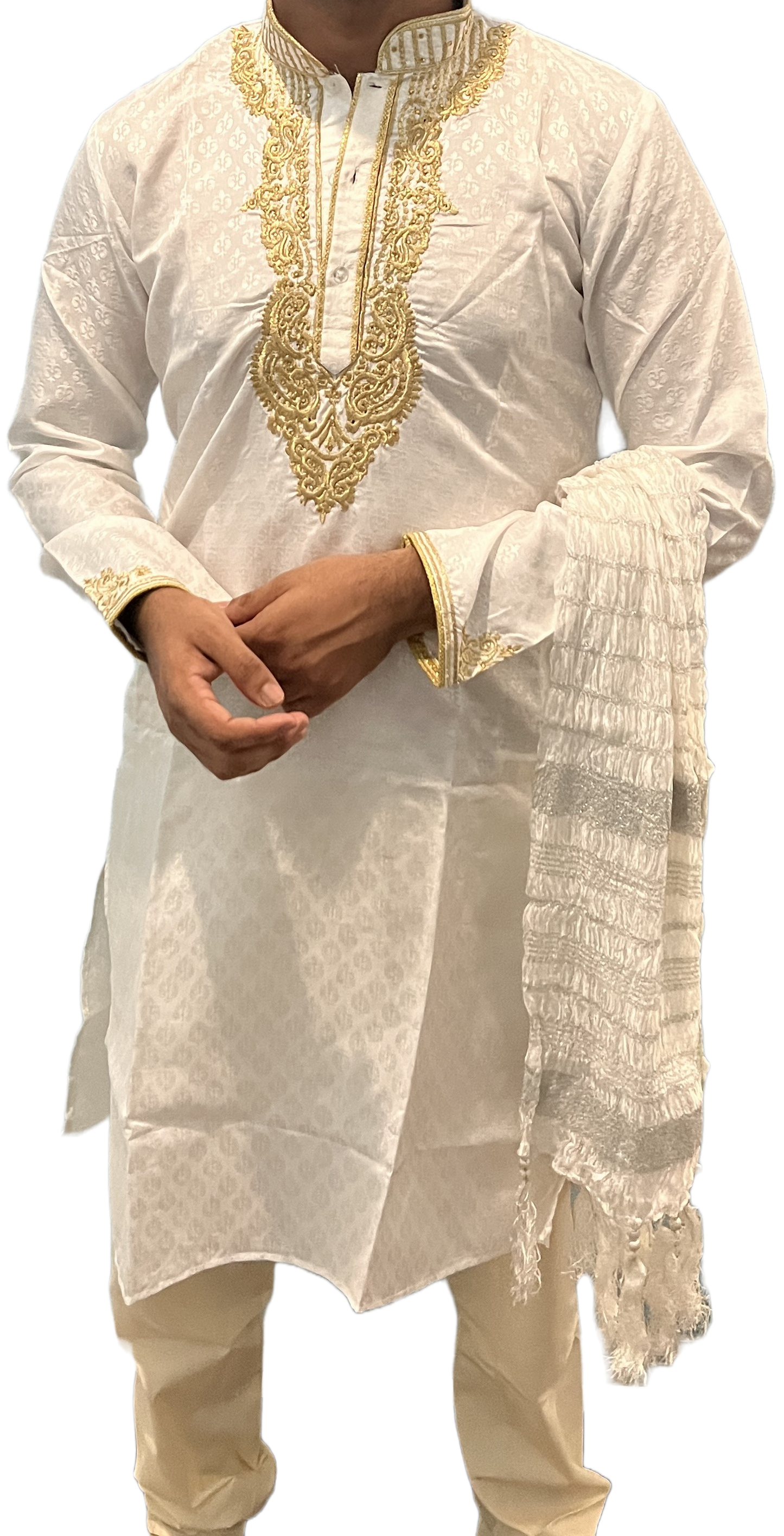 Men’s White Dupatta with Silver Tassels | Elegant Sherwani Shawl for Weddings & Festive Wear