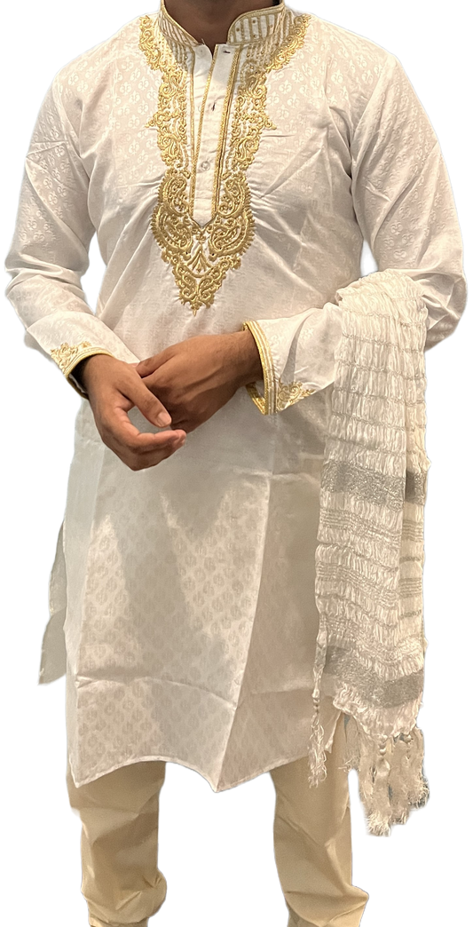 White Men Embroidered Kurta Pajama Shawl Set