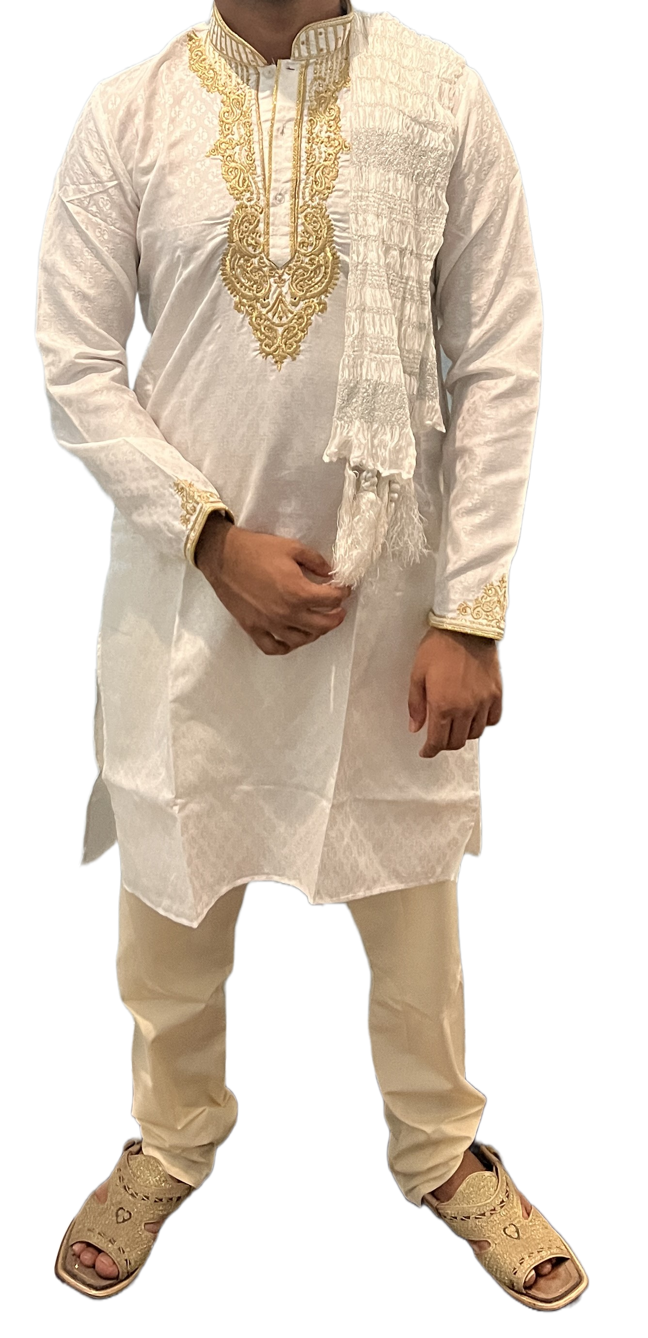 Men’s White Dupatta with Silver Tassels | Elegant Sherwani Shawl for Weddings & Festive Wear