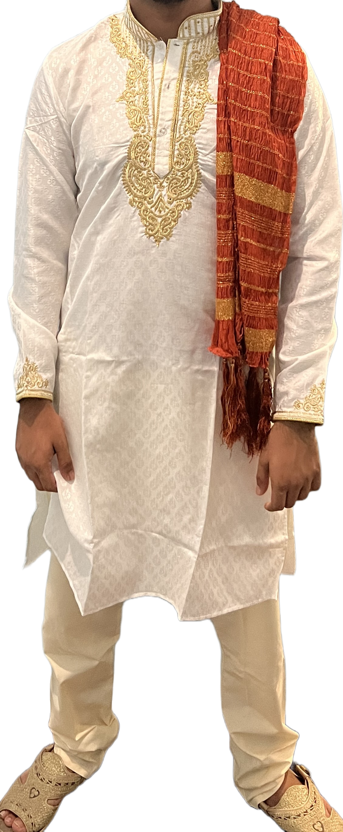 Men’s Brown Dupatta with Gold Tassels | Traditional Sherwani Shawl for Wedding & Festive Wear