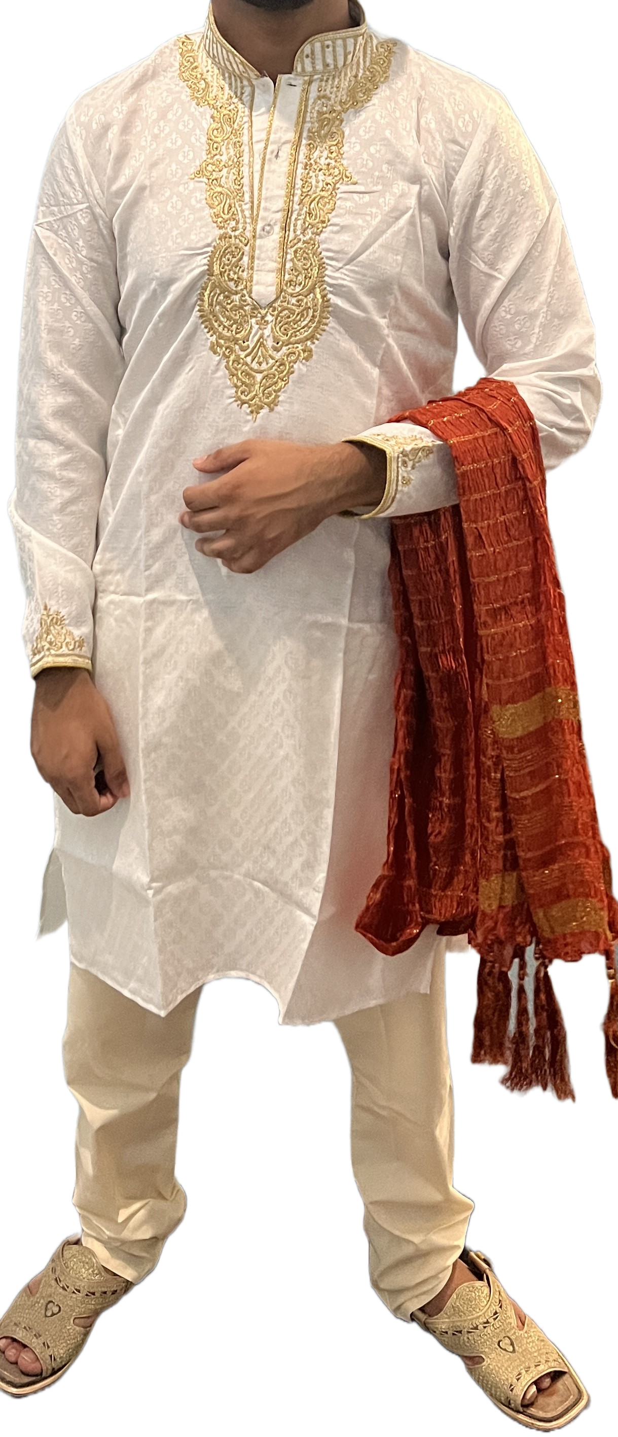 Men’s Brown Dupatta with Gold Tassels | Traditional Sherwani Shawl for Wedding & Festive Wear