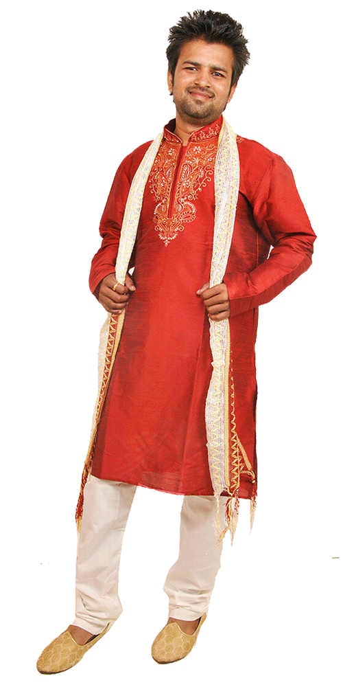 Men’s Red Embroidered Kurta Pajama Set with Cream Dupatta – Wedding & Festive Wear