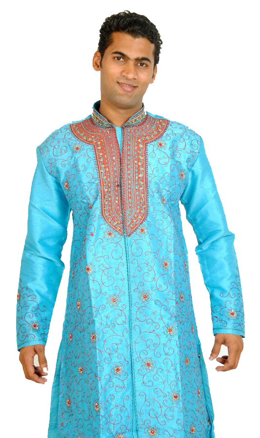 Blue Men’s Sherwani with Matching Beads Shawl | Ethnic Blue Men’s Sherwani